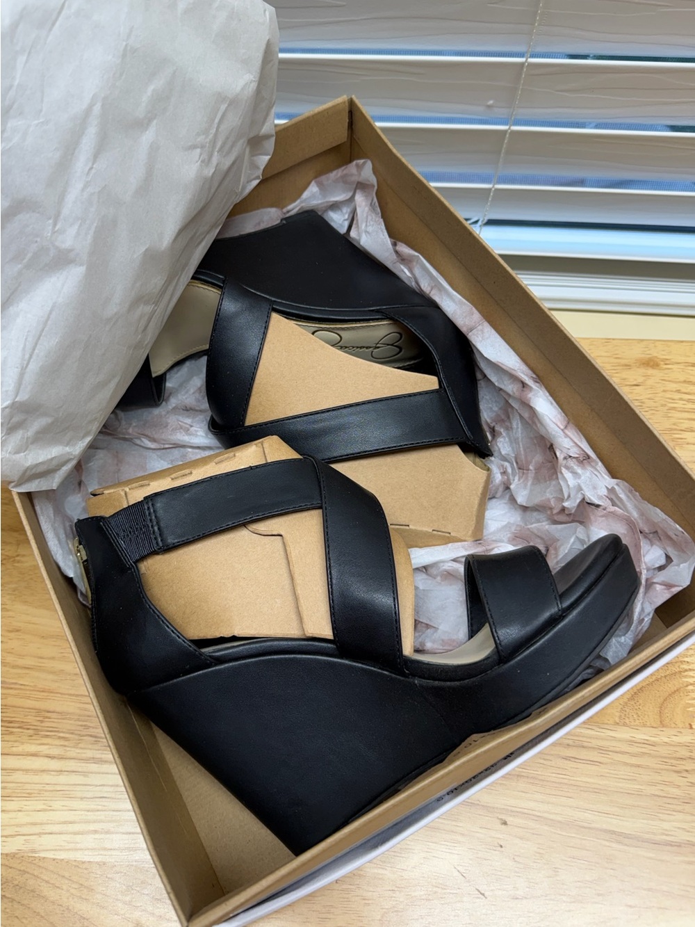 Jessica Simpson Black Wedge Sandals with Cross Straps